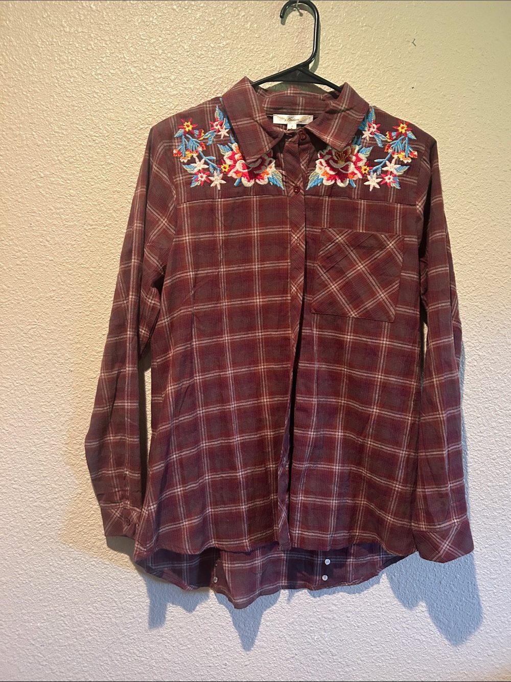 Embroidered Plaid Button-Up Shirt in Burgundy